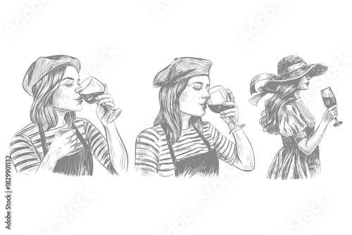 elegant wine illustration. hand drawn sketch line art featuring multiple stylish women holding wine glasses. culture category trending vintage design. Eps 10