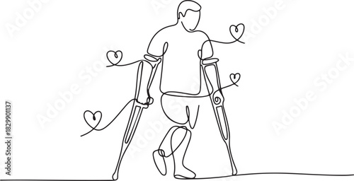Disability man with love continuous one line drawing. Disabled people with armpit crutches concept. one line Icon drawing