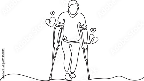 Disability man with love continuous one line drawing. Disabled people with armpit crutches concept. one line Icon drawing