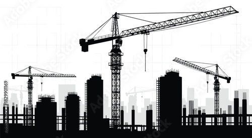 Large construction site silhouette with tower cranes, skyscraper building process, urban development, heavy industry, vector black and white illustration