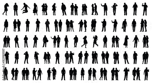 Large diverse collection of people silhouettes vector, men and women in various poses, walking, standing, jumping, socializing, crowd, black and white