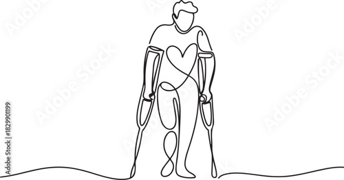 Disability man with love continuous one line drawing. Disabled people with armpit crutches concept. one line Icon drawing