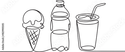 one continuous line drawing of ice cream, mineral water and soft drink isolated on white background. Drink menu concept vector illustration. one line Icon drawing