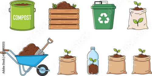 Composting and Gardening Vector Icon Set Featuring Compost Bin, Soil, Wheelbarrow, Recycling Trash Can, and Seedlings in Bags Illustration