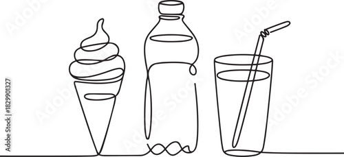 one continuous line drawing of ice cream, mineral water and soft drink isolated on white background. Drink menu concept vector illustration. one line Icon drawing