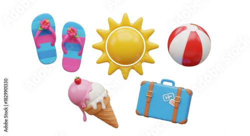 Summer vacation and beach accessories, including a suitcase, ice cream, flip-flops, beach ball, and a sun symbol, ideal for travel and leisure themes