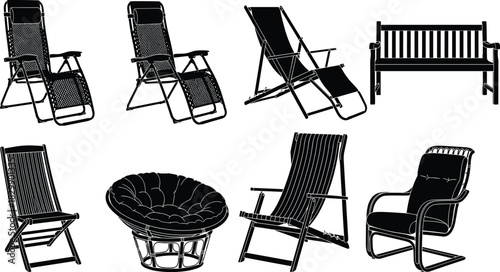 Vector collection of black garden chair silhouettes including deck chair bench and armchair isolated on white background for furniture design