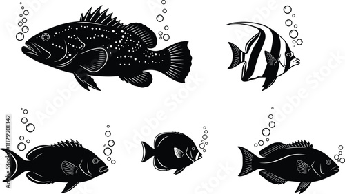 Vector collection of black marine fish silhouettes with bubbles featuring various species isolated on white background for design logo
