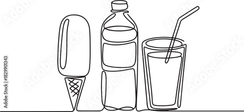 one continuous line drawing of ice cream, mineral water and soft drink isolated on white background. Drink menu concept vector illustration. one line Icon drawing
