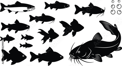 Vector set of various black fish silhouettes including big catfish and salmon swimming isolated on white background for design