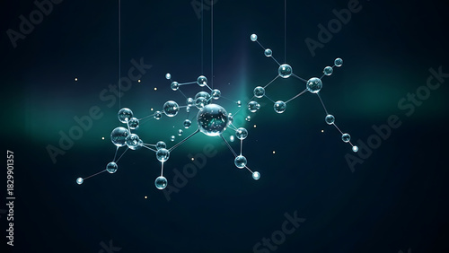 Fototapeta Naklejka Na Ścianę i Meble -  Abstract 3d molecular structure made of water droplets on dark background