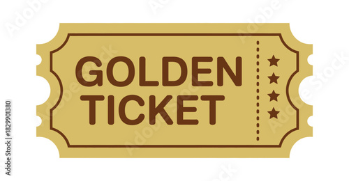  “Golden ticket illustration with vintage coupon shape, brown text and star details, classic reward voucher design suitable for promotions, raffles, invitations, contests, prizes and event branding”
