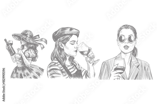 elegant wine illustration. hand drawn sketch line art featuring multiple stylish women holding wine glasses. culture category trending vintage design. Eps 10