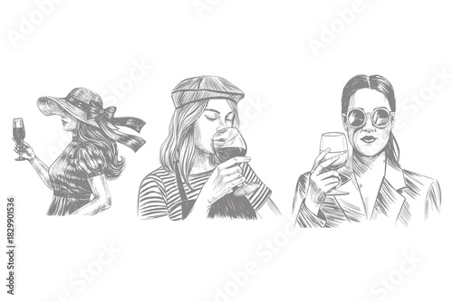fashionable women drinking wine hand drawn sketch illustration. vintage line art style perfect for wine culture design. Vector illustration. Eps 10
