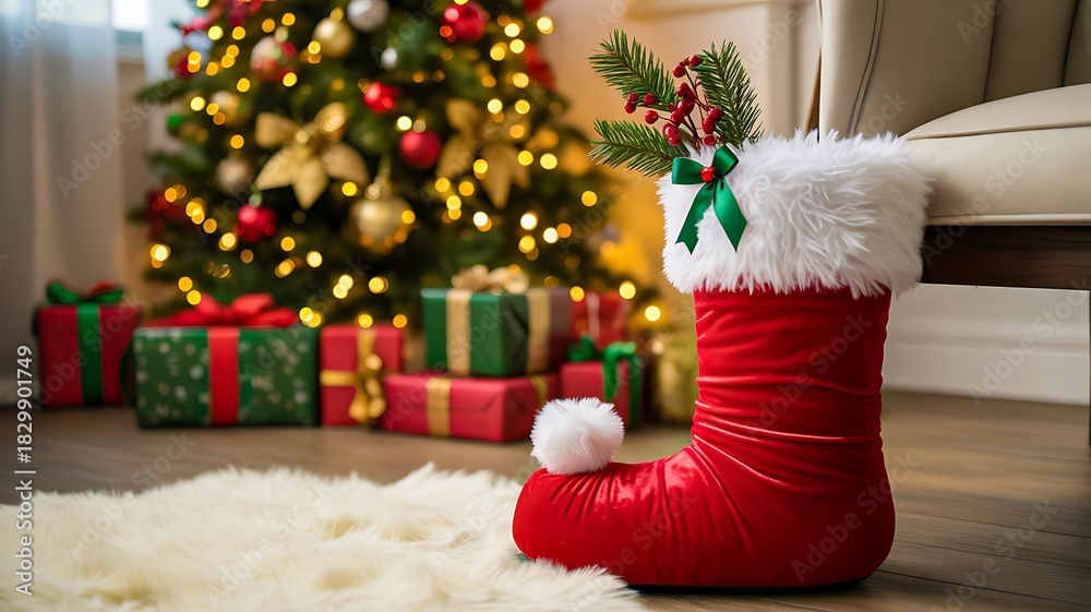 Obraz premium Christmas stocking with gifts near decorated tree and presents 