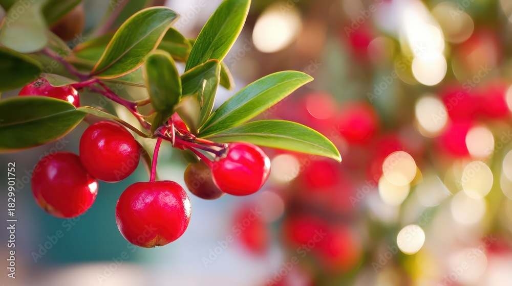Obraz premium Bright red berries adorn a festive green branch