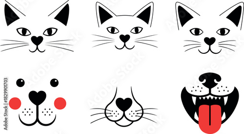 Adorable cartoon pet faces for kids' designs featuring cats and dogs, perfect for animal lovers and cute character illustrations for fun projects