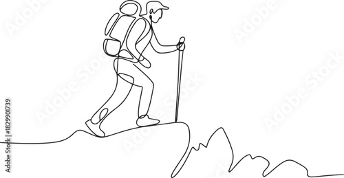 Continuous one-line drawing of a hiker navigating rough terrain with a backpack and walking stick. one line Icon drawing