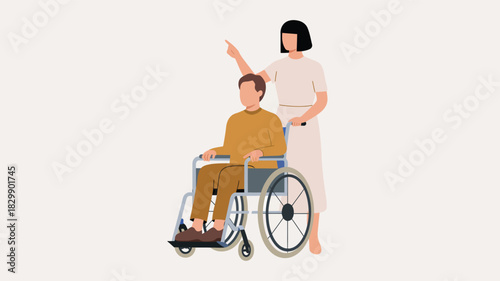   “Illustration of a caregiver assisting a man in a wheelchair, depicting support, rehabilitation, accessibility, disability care, medical assistance, and compassionate healthcare services”

