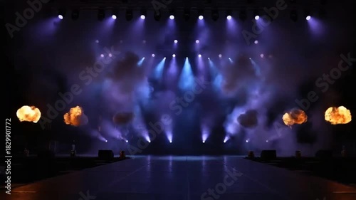 Explosive stage show with pyrotechnics and dynamic lighting creates an exciting atmosphere