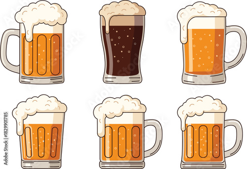 Set of Classic Beer Mugs and Glass Vector Illustration Featuring Pale Lager and Dark Stout Beers with Rich Foamy Heads Collection