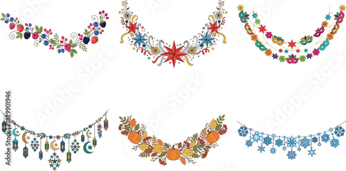Set of decorative garlands for festive events isolated on transparent background collection of colorful floral ornaments