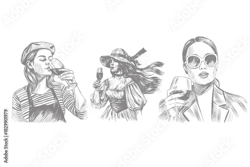 wine themed hand drawn sketch illustration showing stylish women enjoying wine detailed vintage trending wine culture fashion artwork. Eps 10