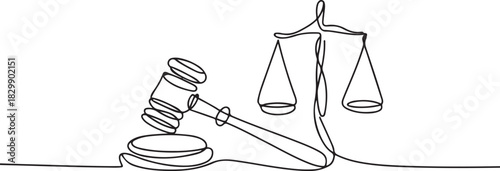 hammer judge and scale of justice continuous one line drawing. Law and justice concept. one line Icon drawing