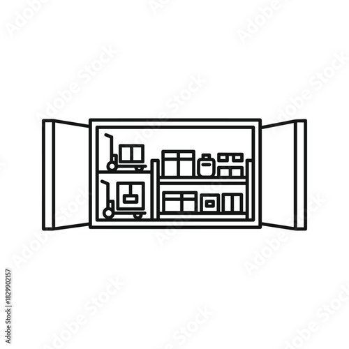 Open Shipping Container Interior with Boxes, Shelves, and Hand Trucks