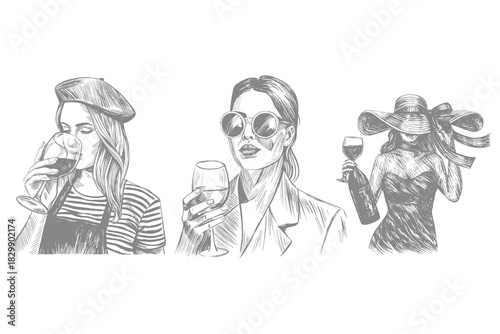 vintage hand drawn wine women illustration set elegant sketch line art featuring fashionable female characters holding wine glasses perfect for wine culture artwork. Eps 10