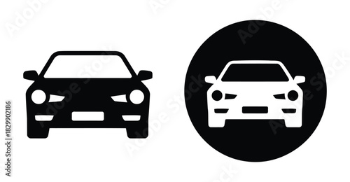 “Front view car icon set featuring bold automobile silhouette and circular badge version, minimal transportation symbol for driving, vehicle services, automotive industry and road safety graphics”
 