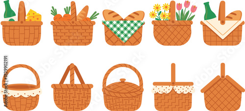 Set of Woven Wicker Picnic Baskets Vector Illustration Featuring Traditional and Covered Designs Filled with Food, Wine, Bread, and Flowers