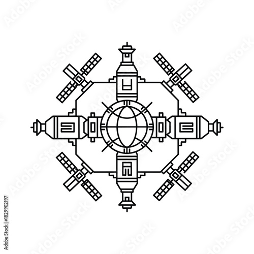 Fototapeta Naklejka Na Ścianę i Meble -  Orbital Space Station Hub Icon with Solar Panels - Futuristic Space Technology Line Art Vector Illustration