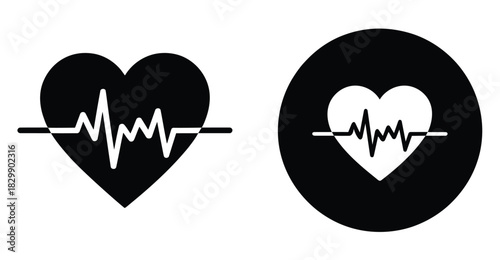  “Heart with heartbeat line icon set featuring bold medical cardiology symbols in silhouette and circular badge styles, representing health monitoring, pulse rate, ECG and wellness diagnostics graphic