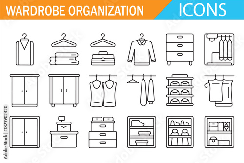 Wardrobe organization outline icon set with closet furniture and clothing storage symbols