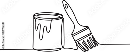 Continuous line drawing of paint can and brush . Vector illustration isolated. Minimalist design handdrawn. one line Icon drawing