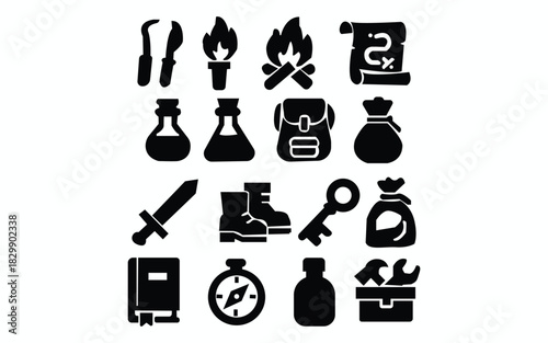 Dungeon and treasures rpg adventure game items icons on isolated background