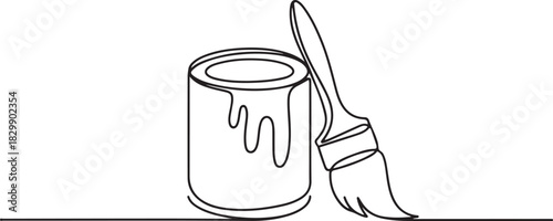 Continuous line drawing of paint can and brush . Vector illustration isolated. Minimalist design handdrawn. one line Icon drawing