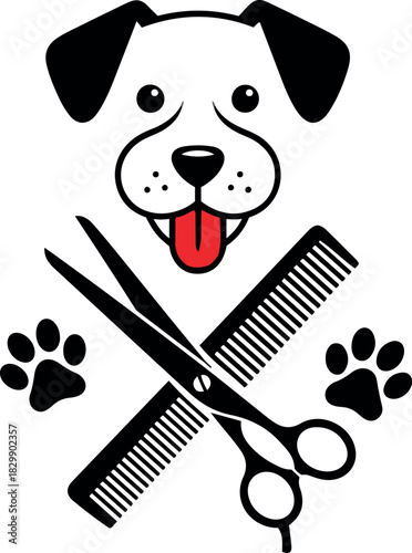 Adorable dog grooming salon logo featuring scissors, comb, and paw prints, perfect for pet businesses, pet services, and veterinary clinics