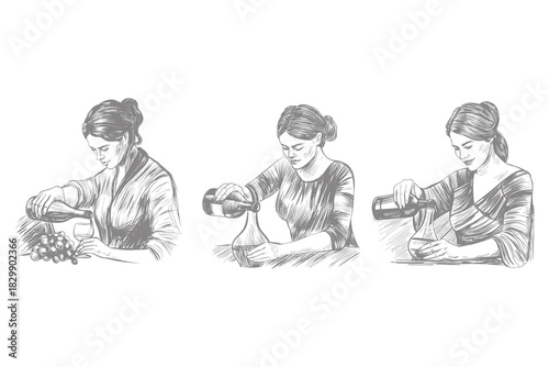 hand drawn wine illustration set featuring stylish women holding wine glasses detailed vintage sketch line art perfect for wine tasting culture design trendy fashion artwork. eps 10