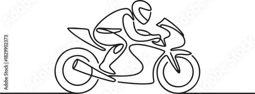 Biker One Line Drawing. Continuous line illustration of a sport motorcycle rider, isolated on white. one line Icon drawing