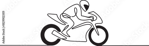 Biker One Line Drawing. Continuous line illustration of a sport motorcycle rider, isolated on white. one line Icon drawing