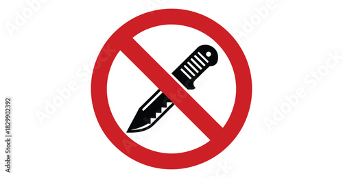 “No knife prohibition sign with red circle and diagonal line, weapon restriction symbol for safety rules, security regulations, public warning, danger prevention and restricted items signage design”
 