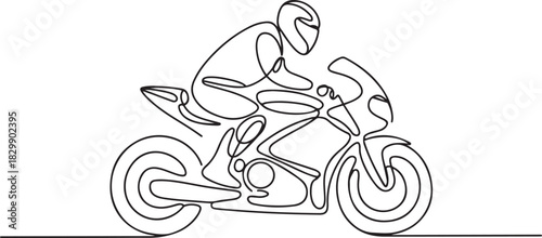 Biker One Line Drawing. Continuous line illustration of a sport motorcycle rider, isolated on white. one line Icon drawing