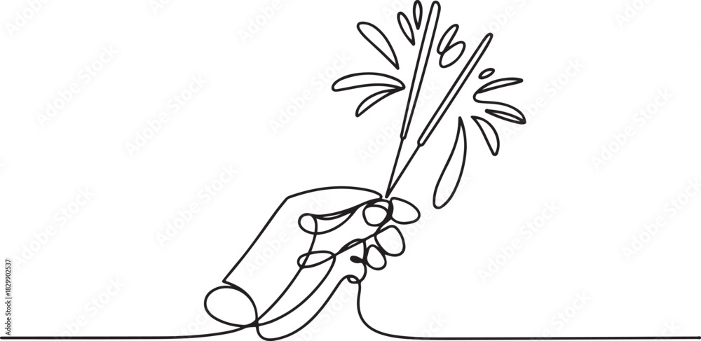 Obraz premium Hand holding fireworks in one continuous line drawing. Party concept. one line Icon drawing