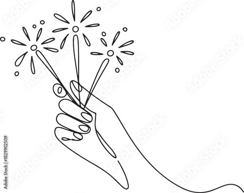 Hand holding fireworks in one continuous line drawing. Party concept. one line Icon drawing