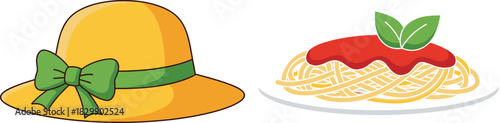Summer Accessory and Italian Cuisine Vector Set Featuring a Yellow Sun Hat with Green Ribbon Bow and Plate of Spaghetti Pasta with Tomato Sauce and Basil