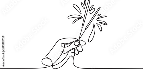 Hand holding fireworks in one continuous line drawing. Party concept. one line Icon drawing
