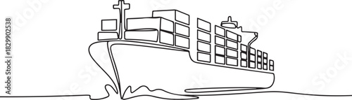 Cargo Ship with Containers. Continuous One Line Drawing Illustrating International Transport and Global Trade Concepts. one line Icon drawing
