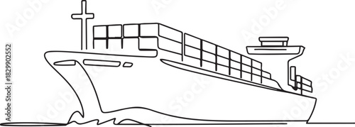 Cargo Ship with Containers. Continuous One Line Drawing Illustrating International Transport and Global Trade Concepts. one line Icon drawing